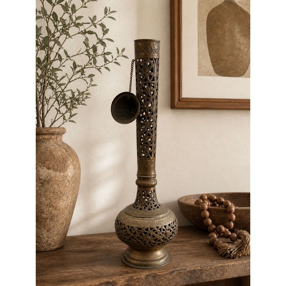 Vintage Pierced Brass Incense Burner Moroccan Filigree / Boho Decor Metal Vessel